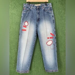 Vintage 90’s Clench Jeans Co Patchwork Baggy Embroidered Jeans Men’s SZ 34”x 31”